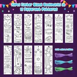 75Pcs Purim Color Your Own Bookmarks Happy Purim DIY Coloring Blank Bookmark Classroom Art Craft Supplies for Teachers Students Jewish Purim Carnival Holiday Party Gift Supplies Reward Goodie Fillers