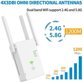 WLAN Amplifier, 1200 Mbit/s WLAN Repeater, 5G & 2.4G Dual Band Ultraxtender WiFi Amplifier with LAN Connection, WPS, Compatible with 99% Standard WiFi Routers, Covers up to 9200Sq.ft and 35 Devices