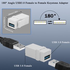 QIANRENON USB 3.0 Keystone Female Adapter Coupler 5Gbps USB 3.0 Female to Female Keystone Wall Plate Modular Connection 180° Angle 5V/2A Charging, for Standard Wall Plate Patch Panel, White, Pack of 2