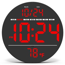 Digital Wall Clock with Large LED Display, Auto-Brightness, Temperature, Low-Reflectivity, Small Silent Non-Ticking Modern Electric Wall Clock for Bedroom, Living Room, Office, Classroom, Farmhouse