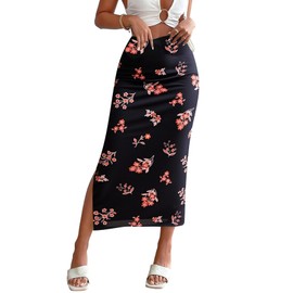 Milumia Women's Ditsy Floral Mesh Split Hem Long Skirt High Waisted Boho Midi Skirts Multi Black Red Large
