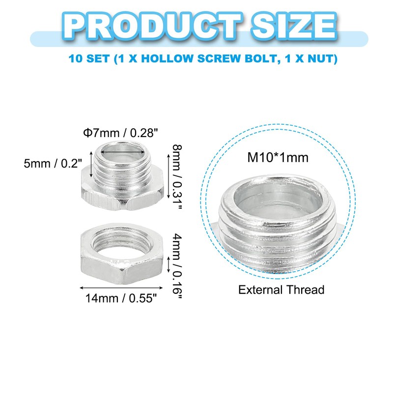 PATIKIL M10x8mm Hex Bolts and Nuts Kit, 10 Set Fine