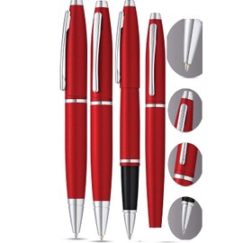 A.T. Cross Cross Matte Deep Red with, polished Chrome Appointments and signature mid Band Calaise Selectip Black Gel Ink Rollerball pen Ballpoint set. A Great Gift anyone any Occasion
