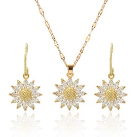 Collares de Mujer, Juego Collar Aretes de Girasol Chapado Oro 14K de Mujer con Regalo Cadena 45cm Longitud,Romántico Regalo de Mamá Esposa Boda Cumpleaños, Regalo del Día de Madre (Collar y Par Aretes)