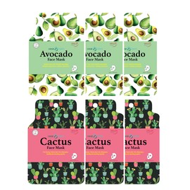 DearDerm Moisturizing Sheet Masks, Facial Mask Skincare - Soothing, Firming, Purifying, Moisture, Nurturing, Brightening, Elasticity - Avocado 3pcs and Cactus 3pcs (6 Sheets in total)