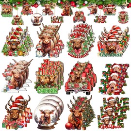 Barydat 36 Pcs Christmas Tree Ornaments Decorations Wooden Nutcracker Snowman Highland Cow Christmas Hanging Ornaments Xmas Tree Decorations Holiday Indoor Decor (Highland Cow)