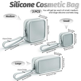 Diakey 3 Pack Silicone Makeup Bag, Soft Waterproof Travel Cosmetic Bag Make Up Organizer Case with Hand Strap, Shatterproof Zipper Skincare Pouch Toiletry Bag for Women, Grey