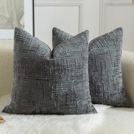Mandioo Pack of 2 Solid Decorative Soft Chenille Dark Gray Cushion Covers 55x55cm 22x22 Inch Lumbar Accent Solid Throw Pillow Case Soft Cozy Luxury Pillow Covers for Sofa Couch Bedroom