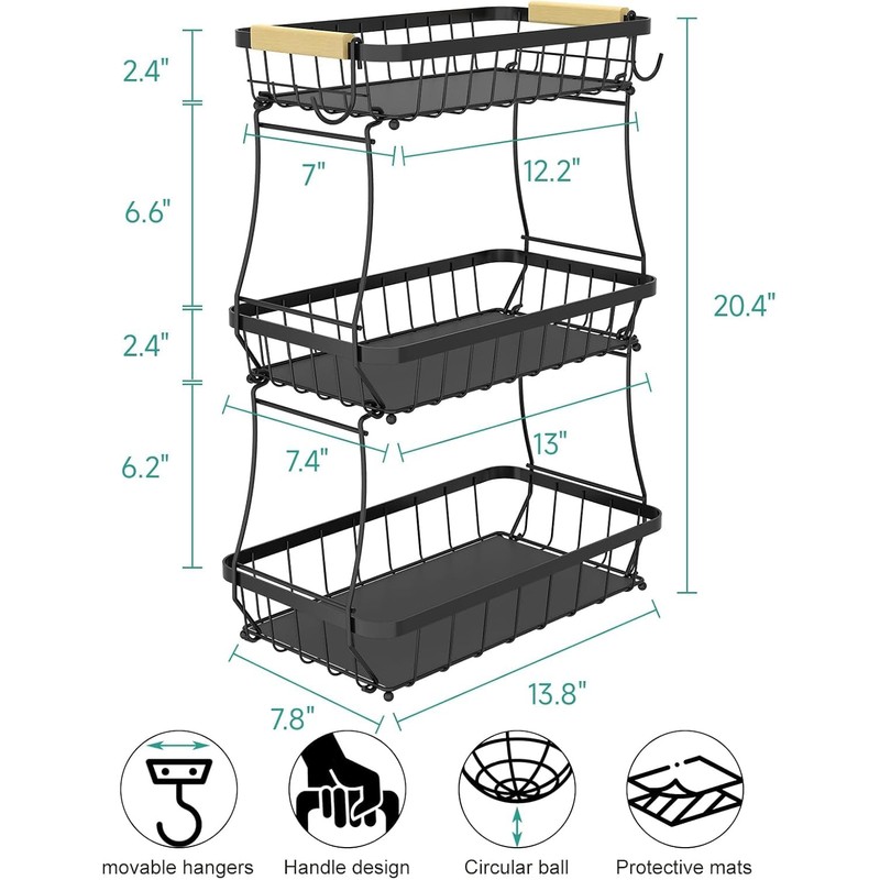 Sevenblue 3 Tier Fruit Basket for Kitchen Counter with 2