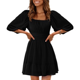 EXLURA Women's Lantern Sleeve Tie Back Summer Dress Ruffled Off Shoulder A-Line Vintage Mini Dress Black