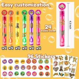 24PCS Cheetah DIY Bubble Wands Party Favors 96PCS Stickers for Goodie Bag Fillers Pinata Stuffers, Mini Bubble Bulk Birthday Party Supplies Toys Gifts Class Prizes for Toddlers Boys Girls