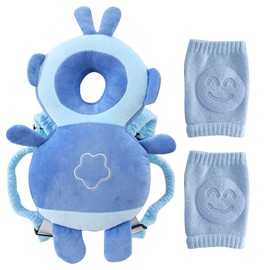 DAVBNM Baby Head Protector Backpack, Toddler Toddler Head Protector, Knee Pads for Crawling, Protection Safety Pads for 4-24 Months Toddler Baby Walking, Adjustable, Blue