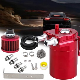 PWR FEVER Upgraded Baffled Oil Catch Can Kit with Breather Filter Aluminum Reservoir Tank with 3/8" Strengthened NBR Fuel Line Red 400ml