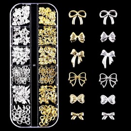 YAISUHCHNYE 3D Bows Nail Charms 1 Boxes 12 Grids Metal Bowknot Nail Gems Golden Silver Bows Nail Studs for Nail Decoration DIY Crafts