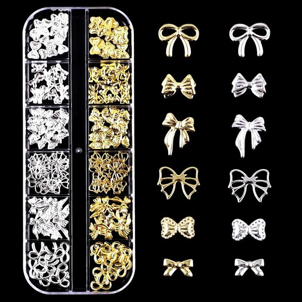 YAISUHCHNYE 3D Bows Nail Charms 1 Boxes 12 Grids Metal
