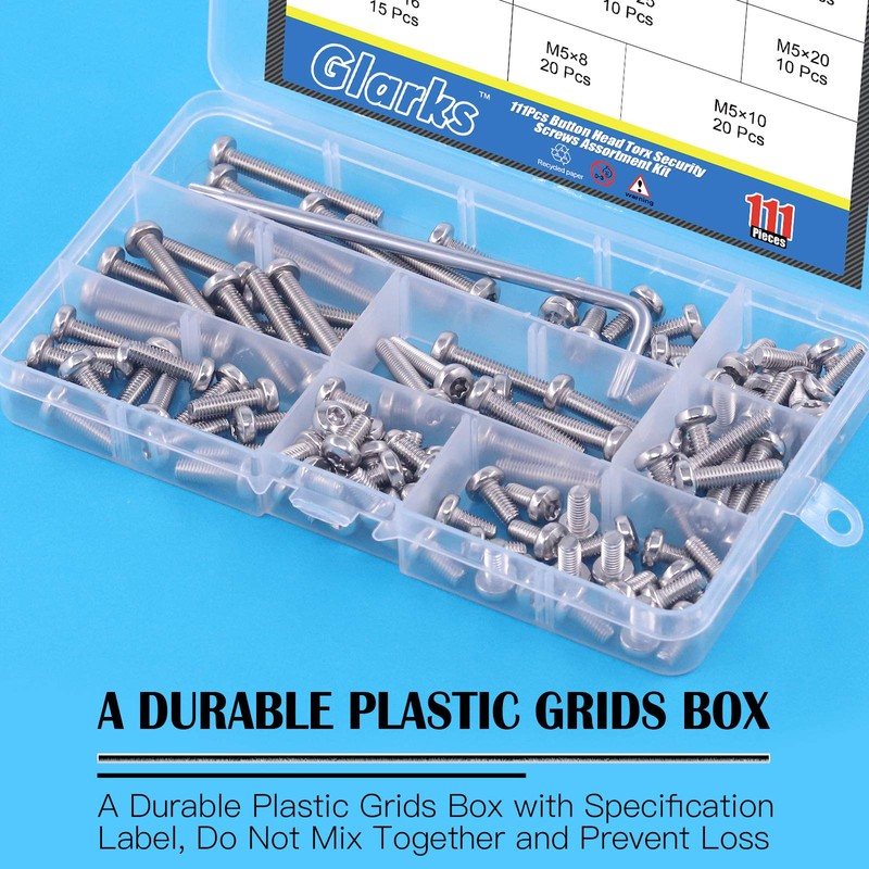 Glarks 111Pcs M5 x 8mm 10mm 12mm 16mm 20mm 25mm