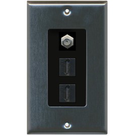RiteAV - 2 Port HDMI 1 Coax Cable TV- F-Type Decorative Wall Plate - Stainless Steel & Black