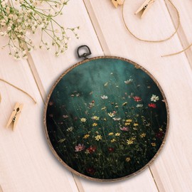 Hxlac Dark Academia Wildflowers Round Wall Art Framed, Vintage Floral Round Wall Decor, Cottagecore Flowers Hanging Canvas Prints Wall Sculptures for Home Bedroom Living Room Decor, 10x10 Inch