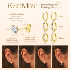 Kenivira 4 Paar Gold Ohrringe Creolen Silber 925 für Damen Klein 18K Vergoldete Stapelbar Zirkonia Ohrstecker Creolen Set Hypoallergen Ohrring Set für Mehrere Piercings