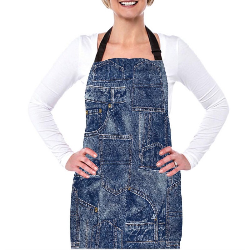 afidomu Kitchen Cooking Apron Denim Texture Patchwork Indigo Apron Home