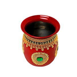 Decorative Kalash Lota Handpainted Steel Puja Kalash for Indian Traditional Festival New Year Decorations and Gifting Pooja Item Home Temple Rituals Housewarming Stainless Lota Decor(Size:-4")(Red)