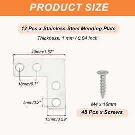 PATIKIL Flat Mending Plate 1.6"x0.6", 10 Pcs Stainless Steel L-Shape Flat Bracket for Shelves Corner Braces Brackets Metal Fixing Joining Plates for Wood Furniture Cabinet Frame Repair