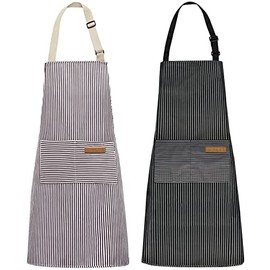 NLUS 2 Pack Kitchen Cooking Aprons, Adjustable Bib Soft Chef Apron with 2 Pockets for Men Women (Brown/Black Strips)