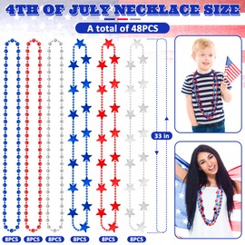 EOBOH Independence Day Necklace Accessories, 48PCS 4th of July Beads Necklaces Bulk, 6 Kinds Fourth of July Red Blue White Stars Round Bead Necklace, Patriotic Bulk for Parade Party Favors Decor