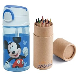OM SUPPLIES Mickey Characters Reusable Pop Up Water Bottle Drink Bottle Flask with Cord for Easy Carry School Lunch Kids Childrens 350ml Includes Half Size 12pcs Pencil Set (Mickey)