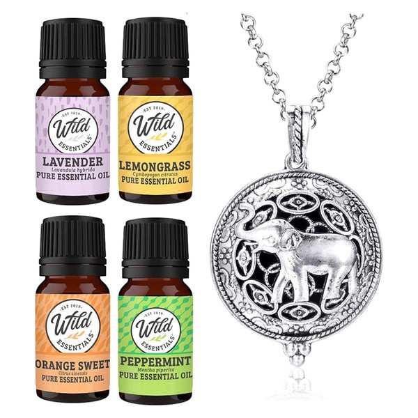Wild Essentials Elephant Necklace Essential Oil Diffuser Kit with Lavender, Lemongrass, Peppermint, Orange Oils, 12 Refill Pads, Calming Aromatherapy Gift Set, Customizable Color Changing, Perfume