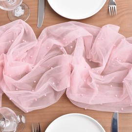 Dlpafzy Blushing Pink Pearl Fall Thanksgiving Table Runner Boho Rustic Tulle Lace Table Runner for Baby Shower Wedding Arch Decor Veil Dessert Table Decor 3pcs