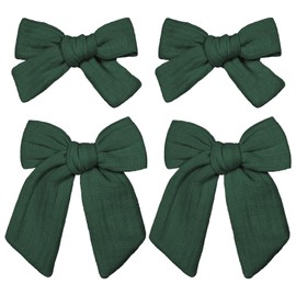 Hair Bows Dark Green Cotton Linen Ribbon Bow Alligator Clips 4Pcs 4"&3.5" Christmas Dressy Bow Cheer Barrettes for Teen Toddler Baby Girls Kids Ponytail Hair Accessories Xmas Gift