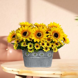 CANCLEAR Artificial Sunflower Arrangement in Metal Basket – Realistic Faux Sunflower Plant with Eucalyptus Leaves and Mini Flowers, Artificial Flowers Table Centerpiece Décor, 11" Tall