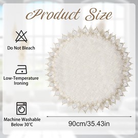 URROMA Linen Round Doily,90cm/35.43" Beige Table Cover Coffee Table Dustproof Topper Round Tablecloth with Lace Trim for Dining Room Kitchen
