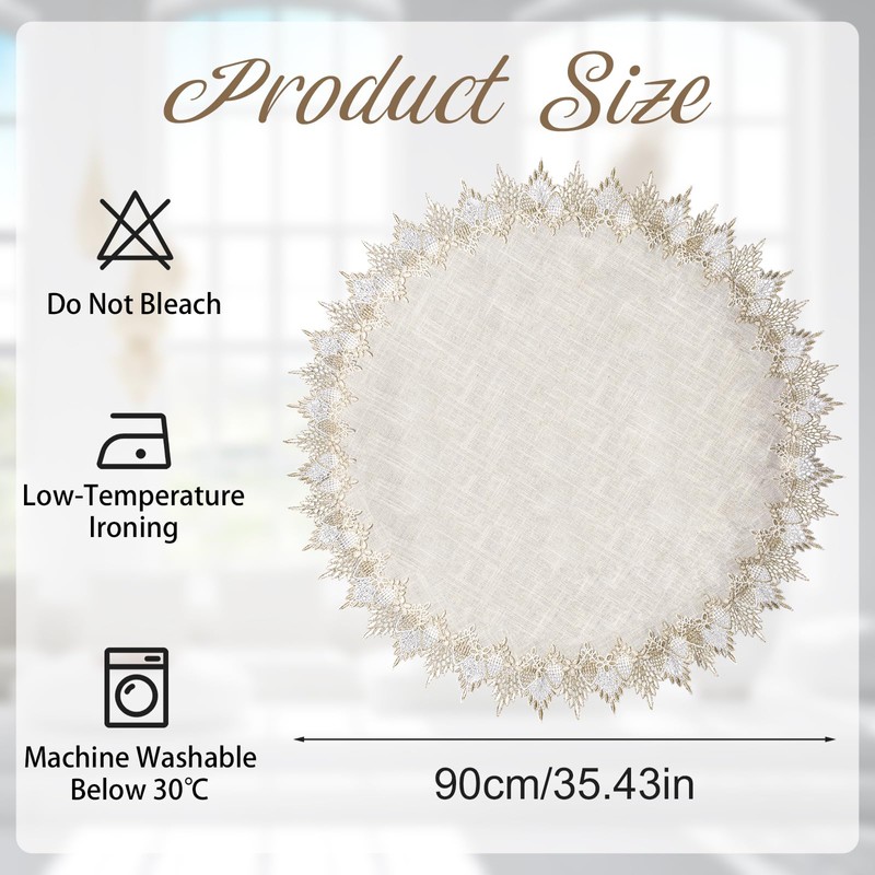 URROMA Linen Round Doily,90cm/35.43" Beige Table Cover Coffee Table Dustproof
