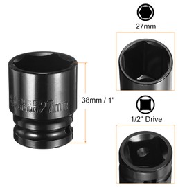 sourcing map Deep 6-Point Impact Socket 1/2" Drive 27mm Metric Socket 1.5" Length with 1/4" Hex Shank Adapter, CR-V Steel Socket Adapter Accessory Tool Set Kit for Hex Bolts Nuts