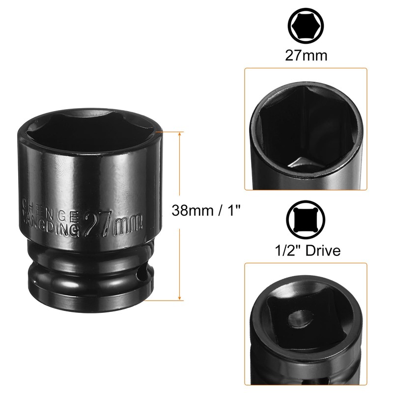 sourcing map Deep 6-Point Impact Socket 1/2" Drive 27mm Metric