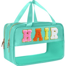Clear Makeup Bags Hair Pouch Hair Accessories Organizer Chenille Letter Preppy Stuff Hair Bags for Hair Stuff Glitter Cosmetic Travel Toiletry Storage for Women Girl (Green-HAIR)
