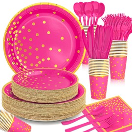 Hot Pink Gold Paper Plates and Napkins, Include 9’’ Disposable Hot Pink Plate, 7’’ Dessert Plates Napkins Cups Forks Knives for Birthdays, Weddings and Holidays, Serves 25