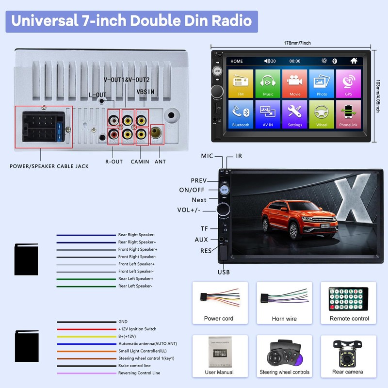 Double Din Car Stereo with Reverse Camera 7 inch Touch