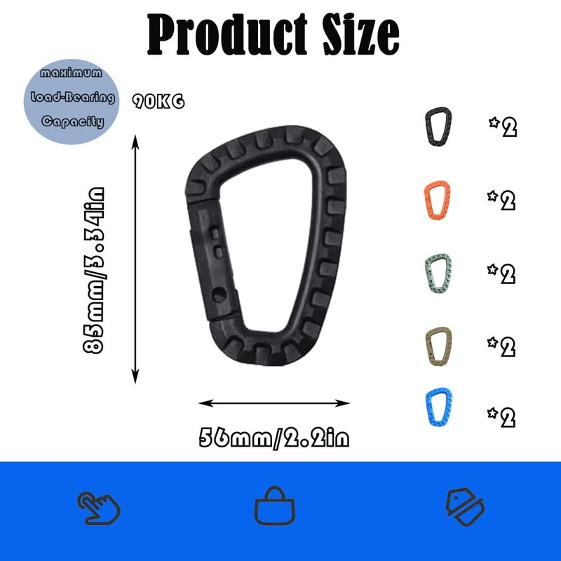 10 PCS Tactical Carabiner Clip Multicolour Plastic Carabiner Hooks High
