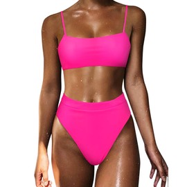 MOSHENGQI Women Spaghetti Straps Bikini Sets High Cut Cheeky 2 Piece Swimsuits (Small, Hot Pink)