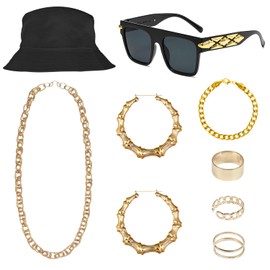 VIEKIER Hip Hop Costume Kit 8 Pcs 80s 90s Rapper Accessories Outfit with Bracelet Rings Rapper Sunglasses Hat（Black）