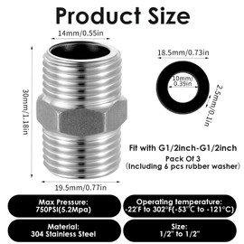 MBAIYO 3 Pcs Shower Hose Extension Connector, Stainless Steel Shower Head Tube Adapter G1/2 to G1/2 Wash Hose Adapter Fitting Used to Connect Two Tube Includes Rubber Washer