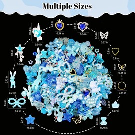 Sinyanail 3D Flower Nail Charms Set,150pcs Mixed Size Camellia Rose Resin Charms,150pcs Mixed Size and Color Leaves,100pcs Round White Pearl Beads for Nail Accessories Nail Art (29-Metal-Blue)