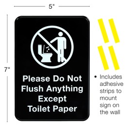 Excello Global Products Please Do Not Flush Anything Except Toilet Paper Sign: Easy to Mount Informative Plastic Sign with Symbols 5"x7", Pack of 2 (Black)