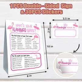 cidobi What's Your Flamingo Name, Flamingo Game Cards, 1 Flamingo Name Game Double Sided Sign, 30 Name Stickers, Flamingo Party Activity Cards