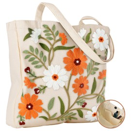 Miss Adola Embroidery Canvas Tote Bag for Women - Reusable Totes with Pocket & Magnetic Buckle Cute Aesthetic Designer Shoulder Bags for Shopping Grocery Daily Work, Leaf Flower