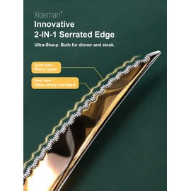 Xideman® Innovative Ultra-Sharp 2-IN-1 Serrated Forged Knife For Dinner and Steak (9.14 inch). Steak Knives Set of 6 – High Carbon Stainless Steel, Hammered Solid Handle Dinner Knives (Silver Gold)