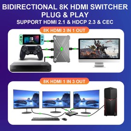 8K High-Definition Remote Switch - HDMI 2.1 Switcher 1 in 3 Out & 3 in 1 Out Bidirectional Switcher, Supports 8K@60Hz / 4K@120Hz